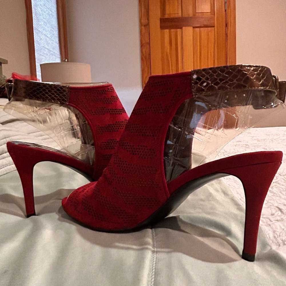 Red Suede Peep-Toe Stiletto Heels